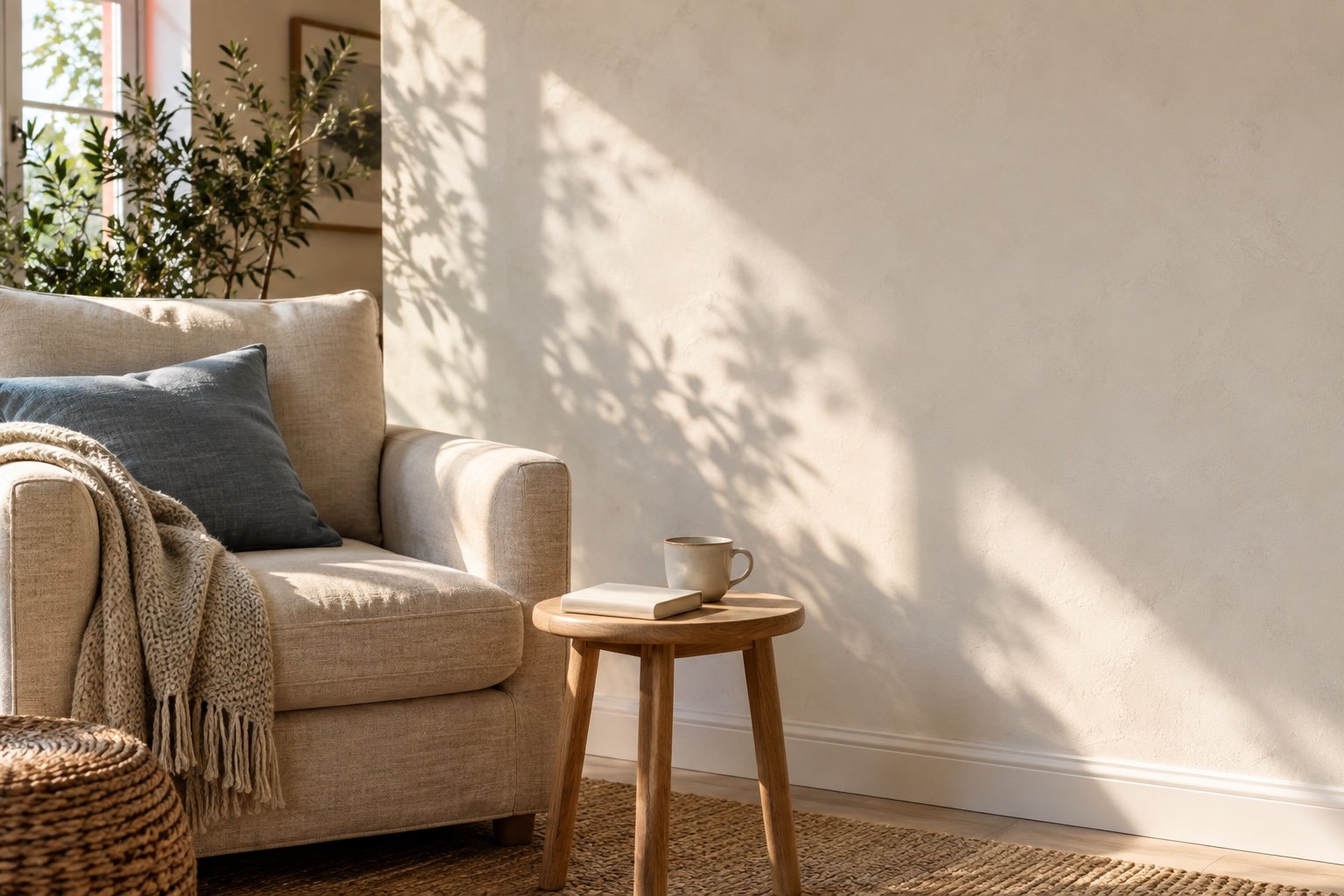 Sunlit reading corner with linen upholstery, a blue cushion and a notebook